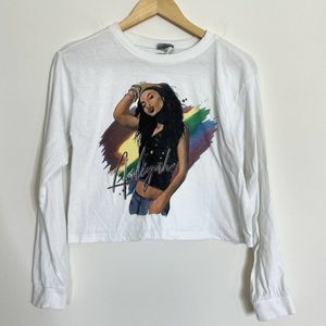 AALIYAH Shirt Womens Medium White Long Sleeve Crop Top‎ Pullover Hip Hop Concert